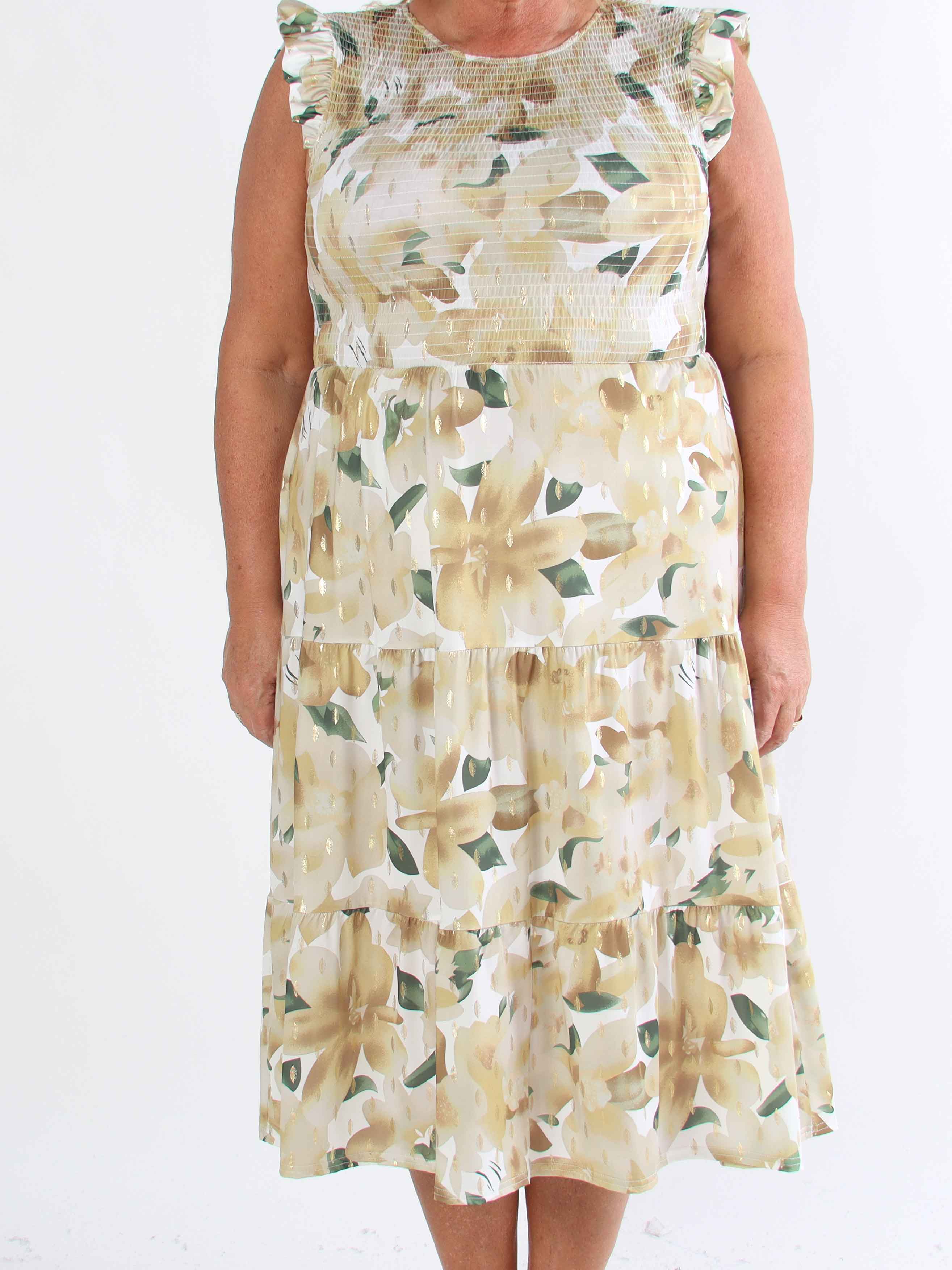 Kelly Floral Sleeveless - Blommig plus size-klänning med smockat bröst